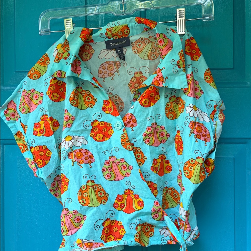 ModCloth Turquoise Ladybug Print Wrap style Crop Top